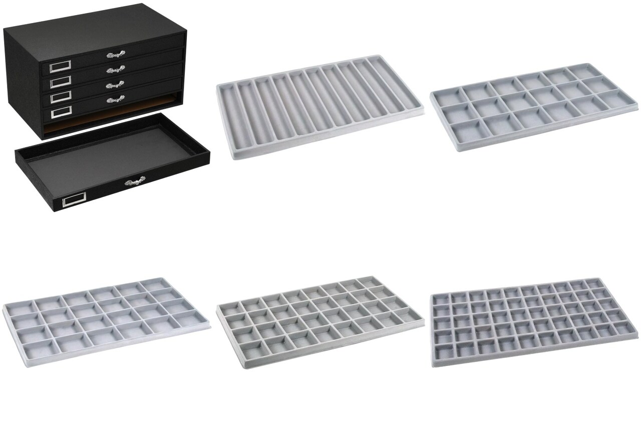 Black FindingKing 5-Drawer Jewelry Storage Case w/ 5 Gray Plastic Slotted Trays